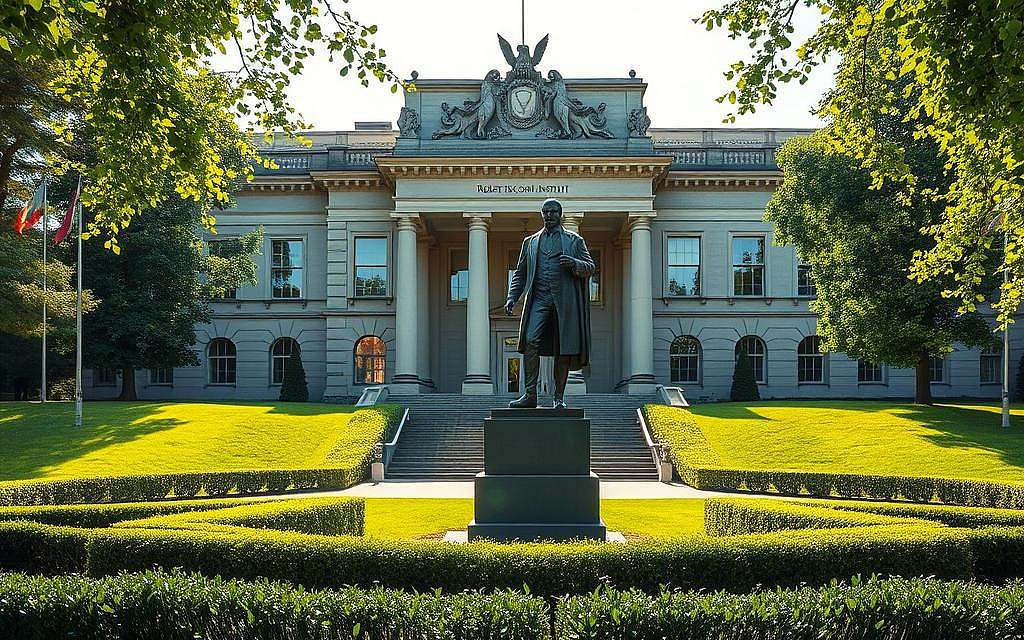 A grand, imposing building set against a backdrop of a lush, verdant park. The facade of the Robert Koch-Institut is a harmonious blend of classical and modern architectural elements, exuding an air of authority and scientific prestige. Sunlight filters through the large windows, casting a warm, inviting glow upon the entrance. In the foreground, a striking statue of Robert Koch himself stands tall, a symbol of the institute's pioneering legacy in the field of bacteriology. The surrounding landscape is meticulously maintained, with neatly trimmed hedges and manicured lawns that create a serene, contemplative atmosphere. This image conveys the Robert Koch-Institut as a respected, influential institution at the forefront of medical research and innovation.