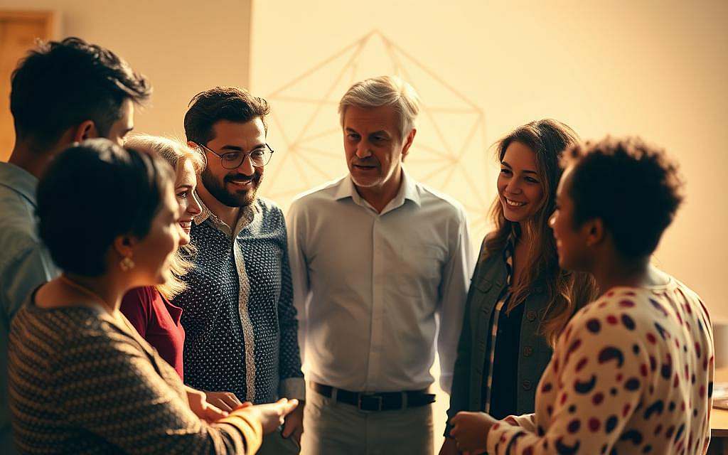 A group of diverse individuals engaged in a lively discussion, their expressions animated as they navigate the complexities of group dynamics. The scene is bathed in warm, natural lighting, creating an atmosphere of openness and collaboration. The figures are positioned in a circular arrangement, suggesting a sense of unity and collective decision-making. In the background, a subtle geometric pattern emerges, symbolizing the intricate web of interpersonal relationships and the structured nature of group processes. The overall composition conveys the nuanced interplay of individual perspectives and the collective journey towards a shared understanding.