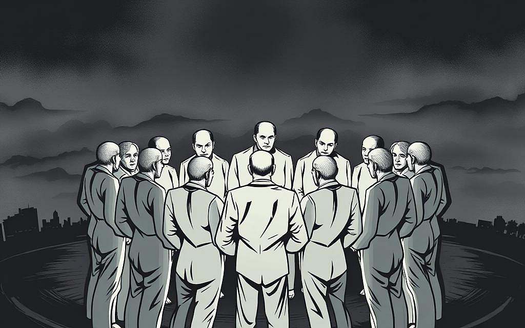 A group of individuals standing in a circular formation, their bodies intertwined, creating a visual metaphor for the political aspects of group dynamics. The figures are rendered in a monochromatic color palette, their expressions stoic and serious, conveying a sense of conformity and the power of collective decision-making. The background is a dimly lit, abstract landscape, with subtle hints of architectural elements, suggesting the broader societal context in which these group dynamics unfold. The lighting is stark, creating deep shadows and highlights that emphasize the tension and complexity of the scene. The overall composition and atmosphere evoke a sense of political engagement, the influence of group mentality, and the nuanced interplay between individual agency and collective pressure.