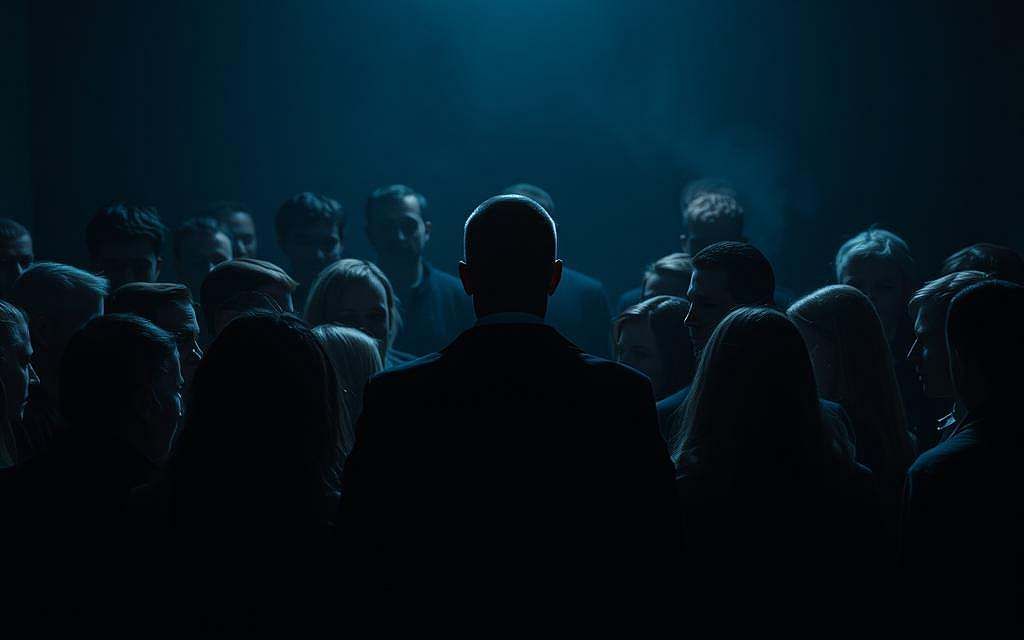 A group of people engulfed in a tense, conformist atmosphere, their faces obscured by shadows, as they gather around a central figure who appears to be the source of unspoken pressure. The scene is dimly lit, creating an oppressive, claustrophobic mood, with a subtle blue-gray hue casting an eerie glow. The figures are positioned close together, their body language suggesting a sense of unease and a desire to conform, while the central figure stands apart, their authority and influence palpable. The composition is framed tightly, emphasizing the sense of confinement and the power dynamics at play. The overall impression is one of subtle coercion, where individual autonomy is subsumed by the demands of the group.