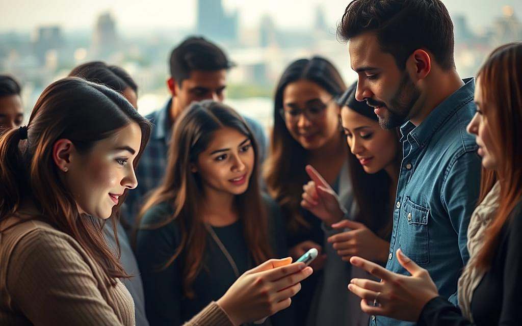 A group of people gathered around a digital display, their faces illuminated by the soft glow of the screen. In the foreground, a young woman leans in, her eyes focused intently on the device, while her peers engage in lively discussion. The middle ground is filled with a diverse array of individuals, their gestures and expressions reflecting the dynamic nature of the group interaction. In the background, a subtly blurred cityscape serves as a backdrop, hinting at the modern, connected world that shapes this digital-age gathering. The scene is bathed in a warm, ambient light, conveying a sense of intimacy and shared experience amidst the technological landscape.