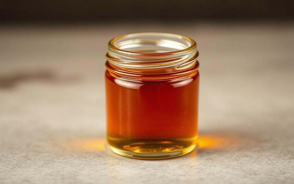 A high-quality, close-up photograph of a small glass jar filled with a thick, amber-colored liquid - Rick Simpson Oil (RSO). The jar is placed on a neutral-colored surface, with soft, even lighting that accentuates the viscous, glossy texture of the oil. The background is slightly blurred, drawing the viewer's attention to the jar and its contents. The image conveys a sense of purity, potency, and attention to detail, reflecting the criteria for purchasing high-quality RSO.