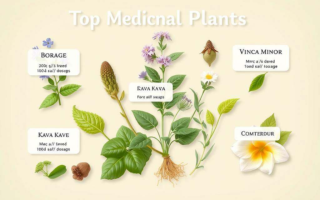 A high-quality, realistic illustration of dosage recommendations for the top medicinal plants: Borage, Vinca Minor, Kava Kava, Comfrey, and Butterbur. The image should depict various plant parts such as leaves, flowers, and roots, along with clear, informative labels indicating the recommended dosages for each herb. The composition should be balanced and visually appealing, with a natural, earthy color palette and soft, diffused lighting to create a sense of authenticity and professionalism. The overall tone should be educational and informative, suitable for inclusion in a reference guide or academic publication.