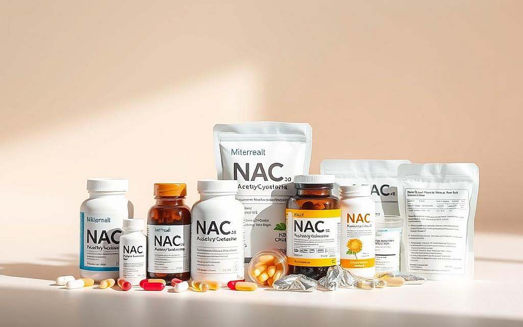 A high-quality still life photograph showcasing a selection of NAC-Produkte (N-Acetylcysteine products) against a clean, minimalist backdrop. The foreground features an array of pill bottles, capsules, and powder sachets, arranged with care and attention to detail. The middle ground includes informative labels and packaging, highlighting the purity, potency, and key features of the NAC supplements. The background is a soft, neutral-toned surface, providing a serene and uncluttered environment to showcase the products. Crisp, directional lighting accentuates the textures and colors, while a shallow depth of field keeps the focus on the NAC-Produkte. The overall mood is one of professionalism, quality, and the natural health benefits associated with this versatile supplement.