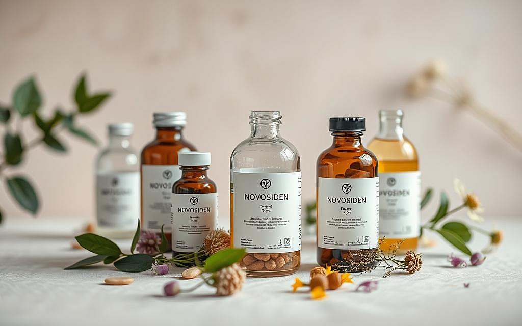 A high-quality, visually appealing image of "Novosiden Qualitätskriterien" to illustrate the "Kaufempfehlungen" section of the article. An elegant still life arrangement showcasing several glass bottles of Novosiden supplements, accompanied by natural elements like leaves, flowers, and herbs. The bottles are captured in soft, warm lighting that highlights their quality and craftsmanship. The background is a neutral, minimalist setting, allowing the products to take center stage. The overall composition conveys a sense of purity, wellness, and attention to detail - reflecting the high-quality standards associated with Novosiden. The image should be captured using a professional camera lens with a shallow depth of field, creating a visually striking, almost artistic representation of the subject matter.