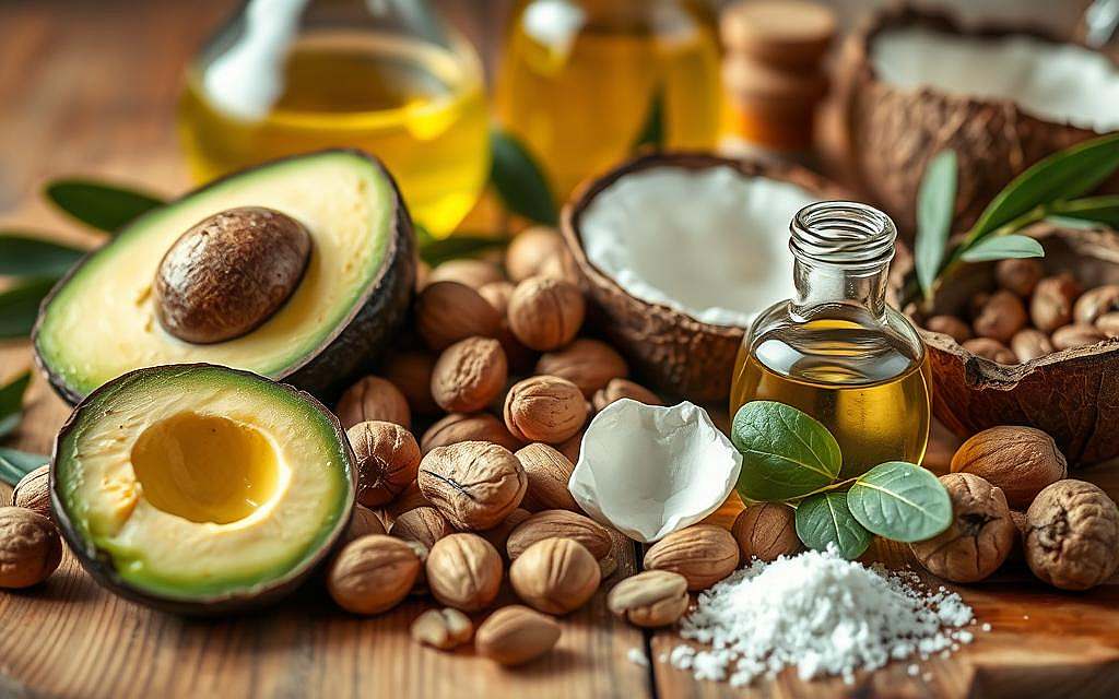 A high-resolution close-up photograph of various healthy fats and oils, such as avocado, olive oil, coconut oil, and nuts. The composition features the ingredients arranged neatly on a wooden table, with a warm, natural lighting that highlights the rich colors and textures of the fats. The image has a clean, minimalist aesthetic, emphasizing the purity and nutritional value of the healthy fats. The depth of field is shallow, keeping the main subjects in sharp focus while the background is slightly blurred, creating a sense of depth and drawing the viewer's attention to the key elements. The overall mood is calm, serene, and inviting, reflecting the benefits of these healthy fats for the brain and nervous system.