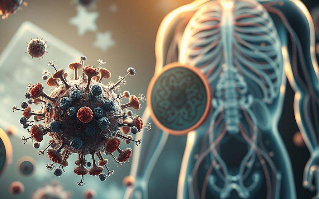 A high-resolution digital painting depicting the human immune system's response to nano- and bioweapons. In the foreground, a cluster of immune cells, including lymphocytes and macrophages, are shown engulfing and neutralizing nanoparticles and biological agents. The middle ground features a detailed cross-section of a human cell, with the cell membrane, organelles, and nucleus clearly visible. In the background, a microscopic view of the human body's internal systems, showcasing the circulatory and lymphatic networks. The lighting is warm and diffused, creating a sense of scientific exploration and investigation. The overall color palette is muted, with shades of blue, green, and gray, emphasizing the technical and medical nature of the subject matter.