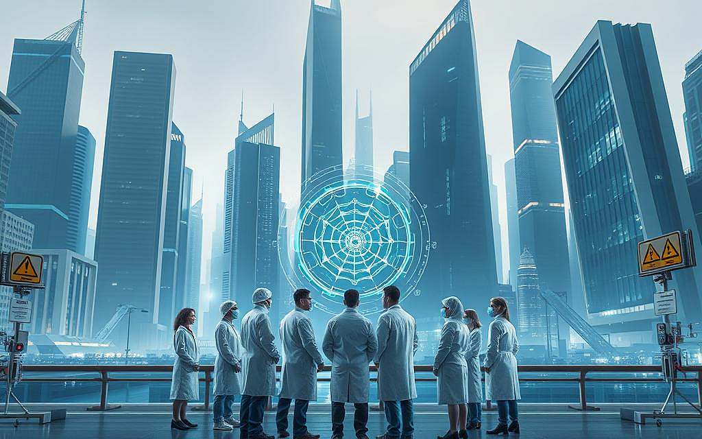 A high-tech cityscape, with towering skyscrapers and sleek, angular buildings made of advanced materials. In the foreground, a group of scientists in white lab coats and protective gear stand around a holographic display, discussing the intricacies of nanoscale engineering. The background is bathed in a cool, blue-hued lighting, creating a sense of scientific precision and innovation. Subtle visual cues, such as warning signs and security checkpoints, hint at the need for careful regulation and oversight of this emerging technology. The overall scene conveys the intersection of science, technology, and policymaking, reflecting the challenges and opportunities of governing the rapidly evolving field of nanotechnology.