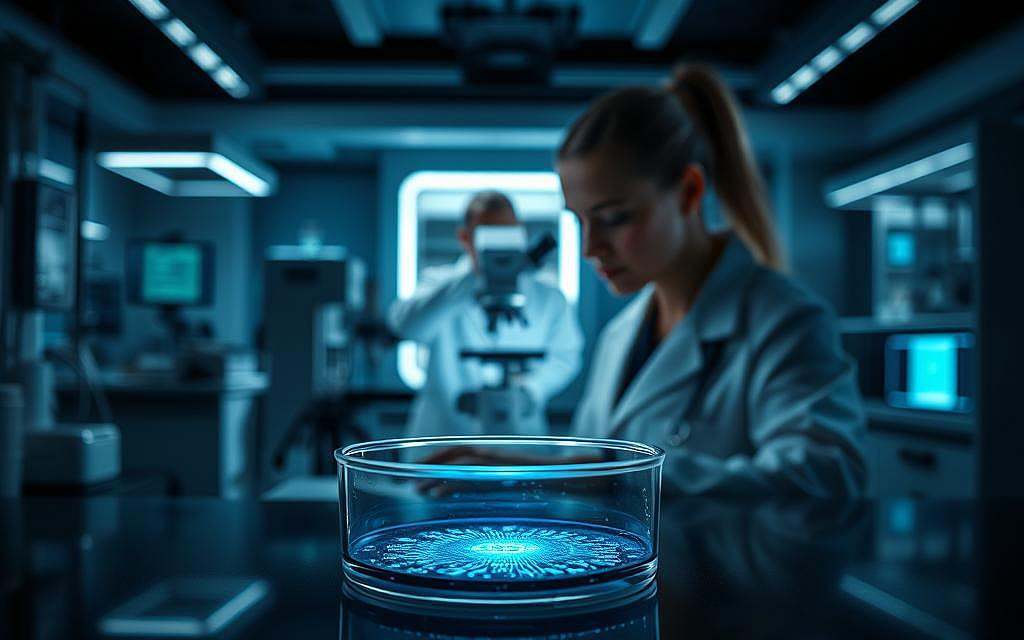 A high-tech medical laboratory, dimly lit with a sleek, futuristic atmosphere. In the foreground, a petri dish containing a microscopic chip, its intricate circuits glowing with a faint blue bioluminescence. The midground features a scientist in a white lab coat, examining the chip through a state-of-the-art microscope, their face illuminated by the soft, diffused lighting. The background showcases advanced medical equipment, holographic displays, and a sense of scientific innovation and progress. The overall scene conveys a balance between the promise of nanochip technology and the ethical considerations surrounding its use in modern medicine.