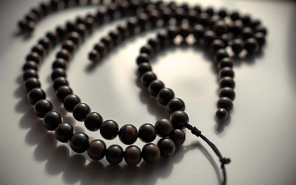 A highly detailed, close-up view of a "Mala-Kette" - a traditional Hindu or Buddhist meditation necklace composed of 108 prayer beads. The beads are made of dark, polished wood or natural stone, strung together in a circular pattern. The necklace is resting on a smooth, reflective surface, casting subtle shadows that create a sense of depth and dimension. The lighting is soft and diffused, illuminating the intricate textures and organic shapes of the beads. The overall mood is serene, contemplative, and spiritually charged, evoking the transformative power of mantra repetition and focused meditation.