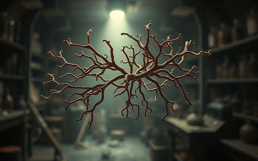 A highly detailed microscopic view of the tuberculosis bacterium, Mycobacterium tuberculosis, in a dark, moody setting. The bacteria appear as rod-shaped, branching cells with a distinct waxy cell wall, rendered in a subdued color palette with subtle textures and shadows. The background is a hazy, gritty laboratory setting, with blurred scientific equipment and instruments, evoking a sense of the pioneering medical research of the late 19th century. The lighting is dramatic, with a single beam of light illuminating the bacteria, creating a striking chiaroscuro effect. The overall tone is one of scientific discovery and the struggle to understand and combat this deadly infectious disease.