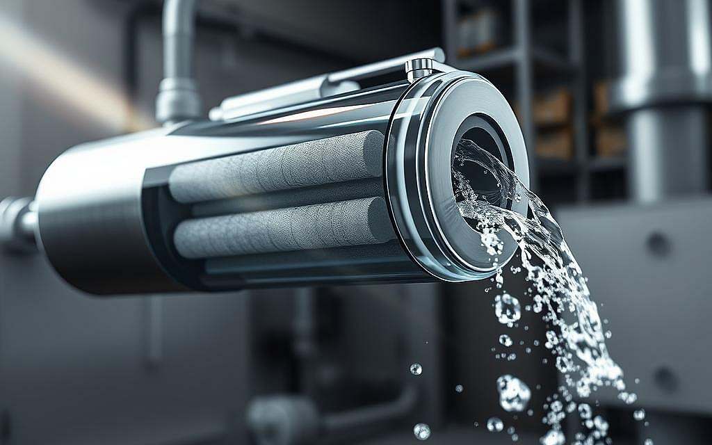 A highly detailed, photorealistic rendering of a modern water filter system, showcasing its effectiveness in reducing various contaminants. The filter housing is made of sleek, brushed stainless steel, with clear glass panels that reveal the internal filtration media. Beams of soft, directional lighting illuminate the intricate layers of the filter, highlighting the advanced materials and technologies at work. In the foreground, a stream of crystal-clear, sparkling water flows from the filter's outlet, symbolizing the purification process. The background features a muted, industrial setting, emphasizing the filter's practical application in real-world water treatment scenarios. The overall composition conveys a sense of advanced engineering, efficiency, and environmental responsibility.