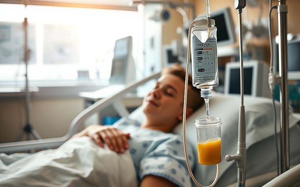 A hospital room with a patient lying in bed, surrounded by IV stands and medical equipment. The patient's face is tired but hopeful, as they receive a nutrient-rich intravenous infusion. The room is bathed in a warm, soothing light, creating a calming atmosphere. In the foreground, the IV drip and tubing are prominently displayed, emphasizing the importance of the nutritional support. The background features medical charts, monitors, and other diagnostic tools, conveying the medical context. The scene captures the essence of specialized nutritional therapy tailored to the patient's specific condition, providing a visual representation of the "Nährstoffinfusionen bei Krankheitsbildern" concept.