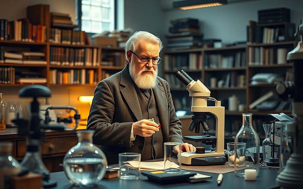 A laboratory interior with Robert Koch, a distinguished German physician, standing at a workbench surrounded by scientific instruments and glassware. The lighting is warm and focused, illuminating his thoughtful expression as he examines a sample under a microscope. In the background, shelves of reference books and medical journals suggest his interdisciplinary approach to understanding the nature of disease. The scene conveys a sense of scientific inquiry, with Koch's keen intellect and dedication to his pioneering work in bacteriology at the forefront.