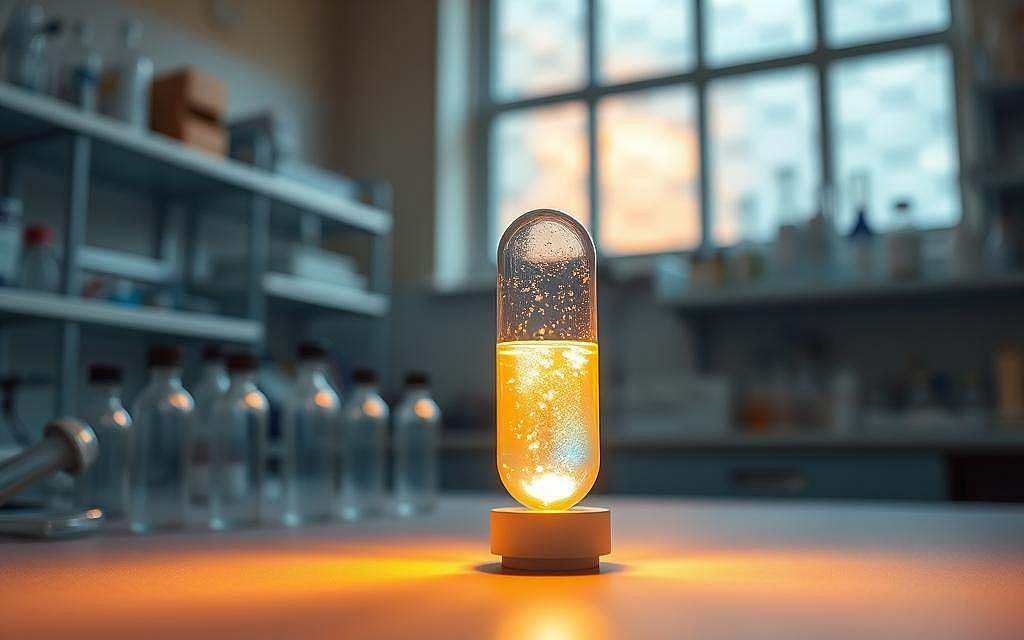 A laboratory setting with a central focus on a glowing, translucent capsule filled with a shimmering, iridescent liquid. In the foreground, medical equipment and vials suggest a chemotherapy treatment. The background features clinical shelves, beakers, and a subtle glow from a large window, conveying a sense of hope and scientific progress. Warm, soft lighting bathes the scene, creating a soothing, contemplative atmosphere. The overall composition evokes the symbiotic relationship between Novosiden and chemotherapy, highlighting the potential for synergistic effects in cancer treatment.