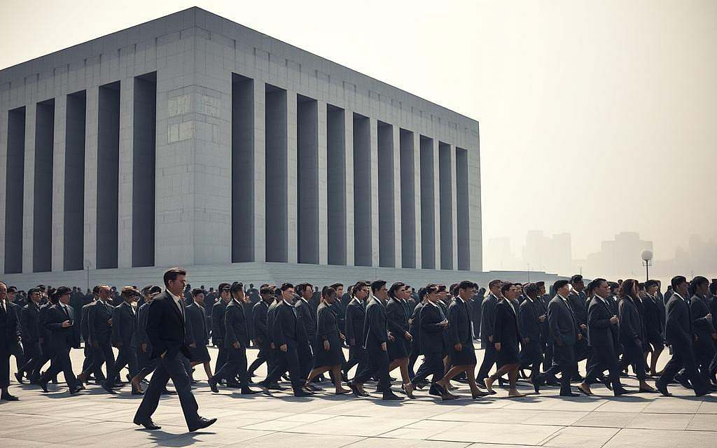A large, imposing concrete building with a monotonous, uniform facade stands in the foreground, casting a long, dark shadow. In the middle ground, a crowd of identical people clad in gray suits and dresses march in lockstep, their faces expressionless. The background is hazy and muted, suggesting a sense of conformity and suppression of individuality. The scene is illuminated by a cold, harsh light, creating a sense of sterility and a lack of warmth. The overall atmosphere conveys a sense of oppression, the power of social pressures, and the struggle to maintain one's own identity within a conformist society.