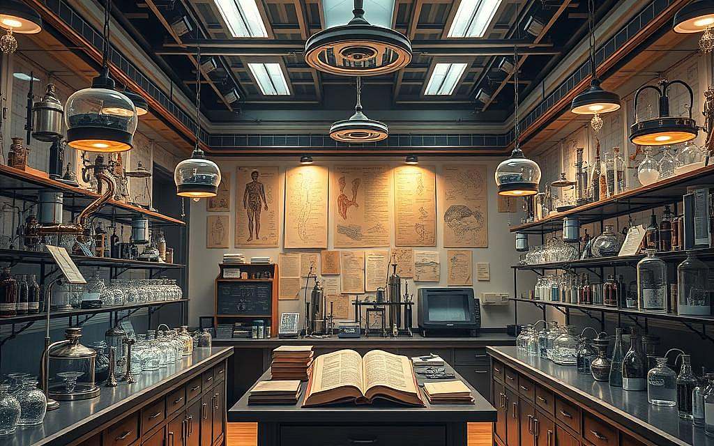 A large, ornate medical laboratory with intricate glass instruments and gleaming metal equipment. Soft, warm lighting illuminates the scene, casting a sense of scientific discovery and innovation. In the center, a prominent display of historical medical texts and papers, representing the legacy of Robert Koch's pioneering work in bacteriology. The walls are adorned with anatomical diagrams and scientific illustrations, conveying the depth of knowledge and research that underpins modern infectious disease medicine. The atmosphere is one of quiet contemplation, where the past meets the present in the pursuit of medical advancement.