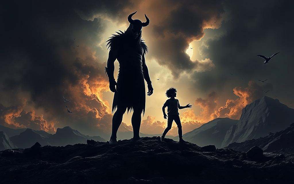 A looming, shadowy figure representing malicious Bosheit (evil) stands in the foreground, contrasted by a smaller, distracted, haphazard figure symbolizing Dummheit (stupidity) in the middle ground. The background depicts a chaotic, ominous landscape, with a sense of impending danger. Dramatic lighting casts dramatic shadows, heightening the sense of tension and unease. The overall composition conveys the idea that Dummheit, though seemingly less threatening, can be more perilous than overt Bosheit.