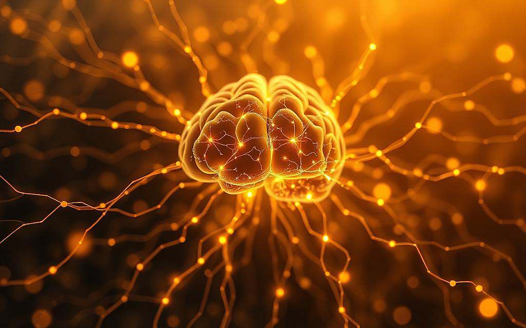 A luminous neural network, its synapses pulsing with quantum coherence, set against a backdrop of ethereal, shimmering fields of energy. In the foreground, a central consciousness emerges, its intricate patterns of light and shadow suggesting the mystical nature of mind. Warm hues of gold and amber radiate outward, creating an atmosphere of tranquility and profound insight. Soft shadows and highlights accentuate the delicate balance between the material and the immaterial, hinting at the subtle interplay of quantum phenomena within the biological processes of the brain. The scene is captured with a shallow depth of field, drawing the viewer's attention to the core of this quantum consciousness.