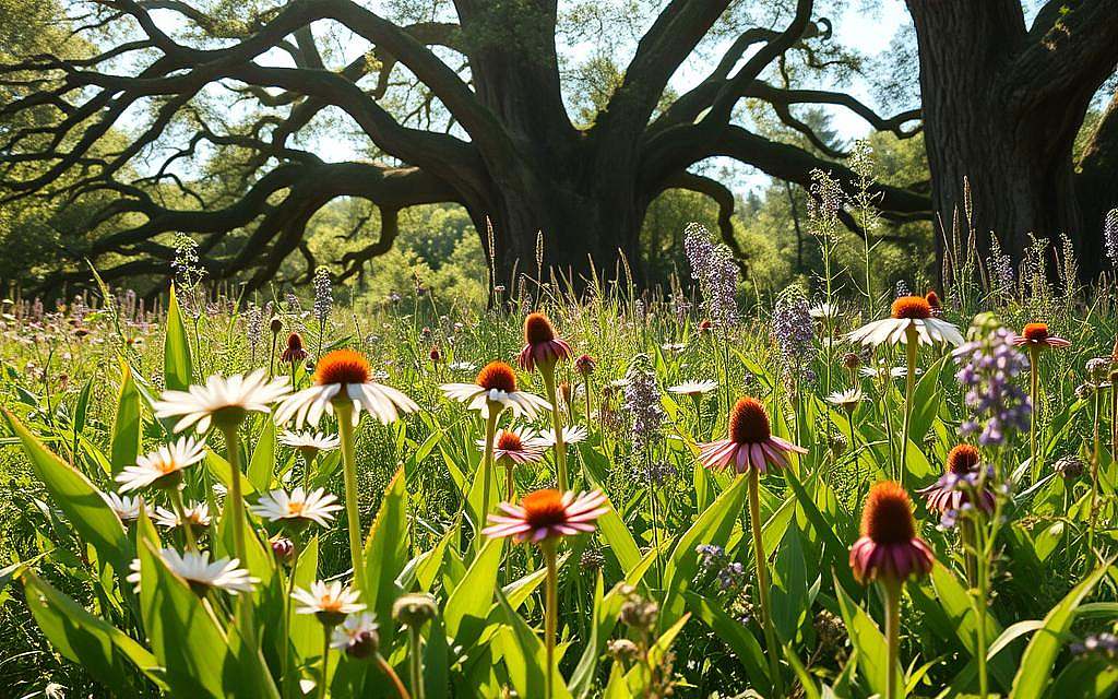 A lush meadow filled with a vibrant array of medicinal herbs, their leaves and flowers radiating an ethereal energy. Sunlight filters through the canopy, casting a warm, golden glow over the scene. In the foreground, a cluster of chamomile, its delicate white petals unfurling. Nearby, the broad green leaves of comfrey sway gently. In the middle ground, a profusion of echinacea, their bold purple cones standing tall. Yarrow, with its feathery fronds, mingles with the soft lavender hues of wild bergamot. In the background, the towering silhouettes of ancient oak trees, their branches reaching skyward, as if channeling the vital forces of the earth. The overall composition conveys a sense of harmony and the restorative power of nature.
