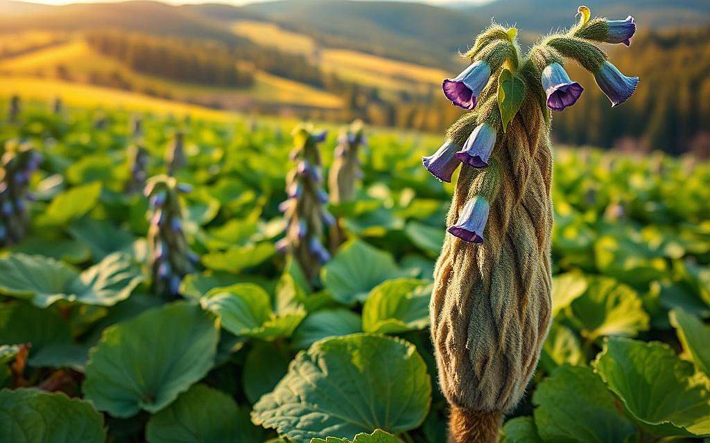A lush, verdant field of comfrey (Symphytum officinale), its large, hairy leaves and bell-shaped purple-blue flowers gently swaying in the warm breeze. In the foreground, a close-up view of a single, robust stem, its surface textured with wrinkles and dimples, symbolizing the plant's restorative properties for joints and tissues. The mid-ground features a cluster of comfrey plants, their leaves casting soft, dappled shadows on the ground. In the background, a rolling landscape of rolling hills and verdant forests, bathed in the golden glow of the afternoon sun, conveying a sense of tranquility and healing. The overall scene evokes the regenerative power of this remarkable medicinal herb.