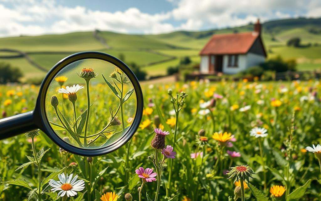 A lush, verdant field of vibrant green herbs and wildflowers, with sunlight filtering through wispy clouds. In the foreground, a magnifying glass hovers, examining the delicate petals and leaves of a variety of medicinal plants. The midground features an array of these natural wonders, their colors and textures captured in vivid detail. In the background, a traditional farmhouse or cottage nestled among rolling hills, suggesting the connection between traditional herbal remedies and the natural world. The scene conveys a sense of care, quality, and the importance of sustainably sourcing these valuable natural resources.