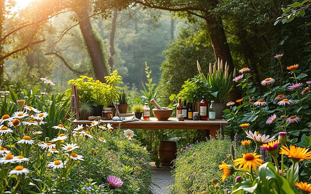 A lush, verdant garden filled with an abundance of healing plants. In the foreground, rows of vibrant medicinal herbs and flowers sway gently in the soft, diffused sunlight - chamomile, valerian, echinacea, and more. In the middle ground, a small wooden table displays an array of tinctures, teas, and herbal remedies, surrounded by mortar and pestle, pruning shears, and other tools of the herbalist's trade. The background reveals a tranquil forest, its canopy filtering the light and casting a warm, natural glow over the scene. The overall atmosphere is one of serenity, balance, and the restorative power of nature.