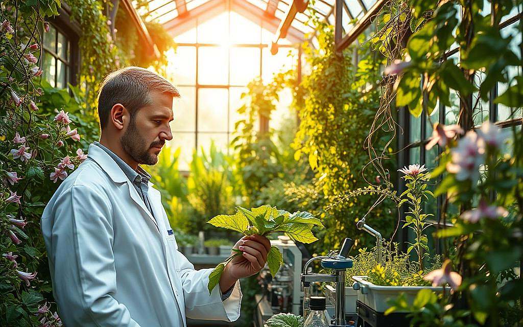 A lush, verdant greenhouse filled with an abundance of vibrant medicinal plants and herbs. Sunlight streams through the glass panes, casting a warm, golden glow over the serene scene. Delicate flowers bloom in intricate patterns, their petals unfurling in shades of pink, purple, and white. Vines and tendrils wind their way up the walls, creating a sense of natural harmony. In the center, a researcher in a white lab coat examines a leafy specimen with a look of deep concentration, surrounded by various scientific instruments and laboratory equipment. The atmosphere conveys a sense of innovation, discovery, and the boundless potential of plant-based therapies.