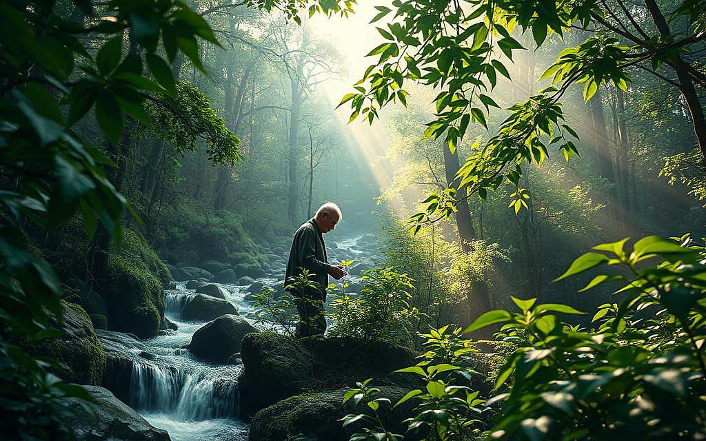 A lush, verdant landscape with a central figure of Viktor Schauberger immersed in contemplative observation of the natural world. The scene depicts Schauberger in a serene forest setting, closely examining the flow of water, the movement of leaves, and the intricate patterns of the environment. Soft, diffused lighting filters through the canopy, creating an atmosphere of tranquility and reverence. The composition emphasizes the interplay between Schauberger and the natural processes he seeks to understand, highlighting his role as a student of nature's hidden secrets. The image conveys a sense of harmony, balance, and the profound insights that can be gleaned from attentive, holistic observation of the natural world.