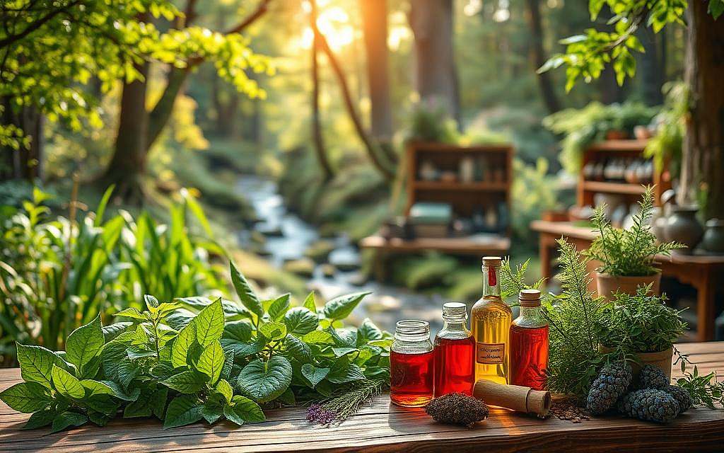 A lush, verdant landscape with a focus on a variety of medicinal herbs and plants. In the foreground, a collection of natural remedies and tinctures are arranged on a wooden table, showcasing the vibrant colors and textures of the botanicals. In the middle ground, a traditional-style apothecary or herbalist's workshop can be seen, with shelves of jars and bottles, mortar and pestles, and other tools of the trade. The background features a sun-dappled forest, with towering trees and a peaceful stream flowing through. The lighting is soft and natural, casting a warm glow over the scene. The overall mood is one of tranquility, tradition, and the healing power of nature.
