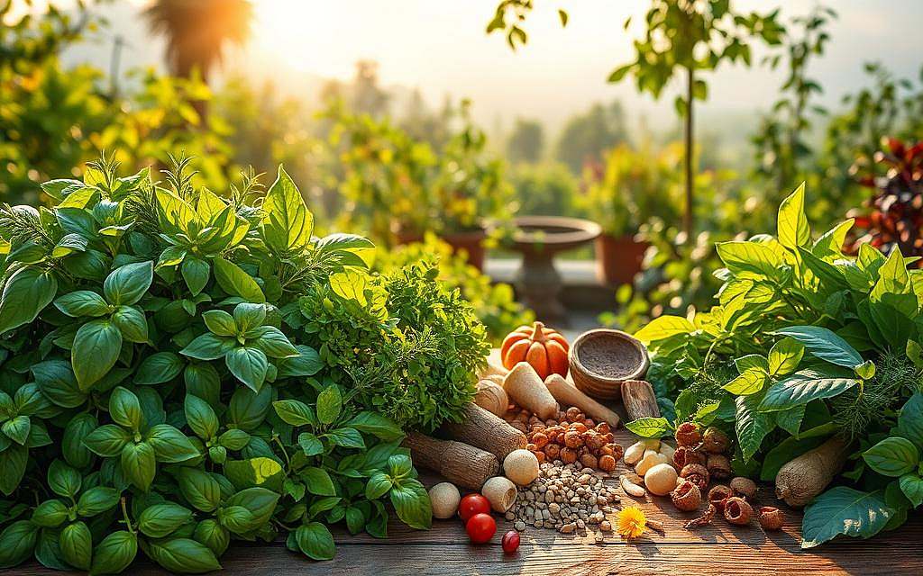 A lush, verdant tableau showcasing the restorative powers of Phytotherapie. In the foreground, an abundance of vibrant herbs and leafy greens - basil, rosemary, kale, and more - arranged artfully on a rustic wooden table. Shafts of soft, golden light filter through the scene, casting a warm, nourishing glow. In the middle ground, a variety of whole, unprocessed ingredients - roots, berries, flowers - each brimming with the essence of nature's bounty. The background reveals a tranquil garden setting, with flourishing plants and a serene, mist-shrouded landscape beyond. The overall atmosphere is one of vitality, balance, and the profound healing power of plant-based wellness.