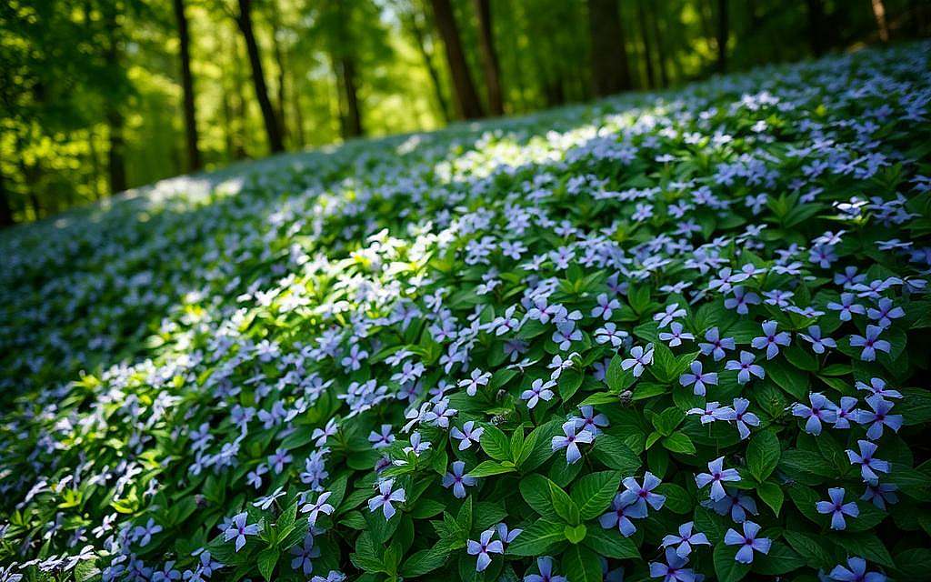 A lush, vibrant carpet of Vinca Minor, or Lesser Periwinkle, cascading over a gently sloping forest floor. The delicate, five-petaled lavender-blue flowers contrast with the deep green, glossy leaves that remain evergreen throughout the year. Dappled sunlight filters through the overhead canopy, casting a warm, natural glow on the scene. The plants grow in a dense, intertwining pattern, suggesting their resilience and ability to spread and thrive in shady, woodland environments. The composition focuses on the foreground, emphasizing the intricate details of the individual leaves and blossoms, while the middle ground and background fade into soft, blurred foliage. A sense of tranquility and harmony pervades the image, capturing the essence of this unassuming yet remarkable "memory plant".