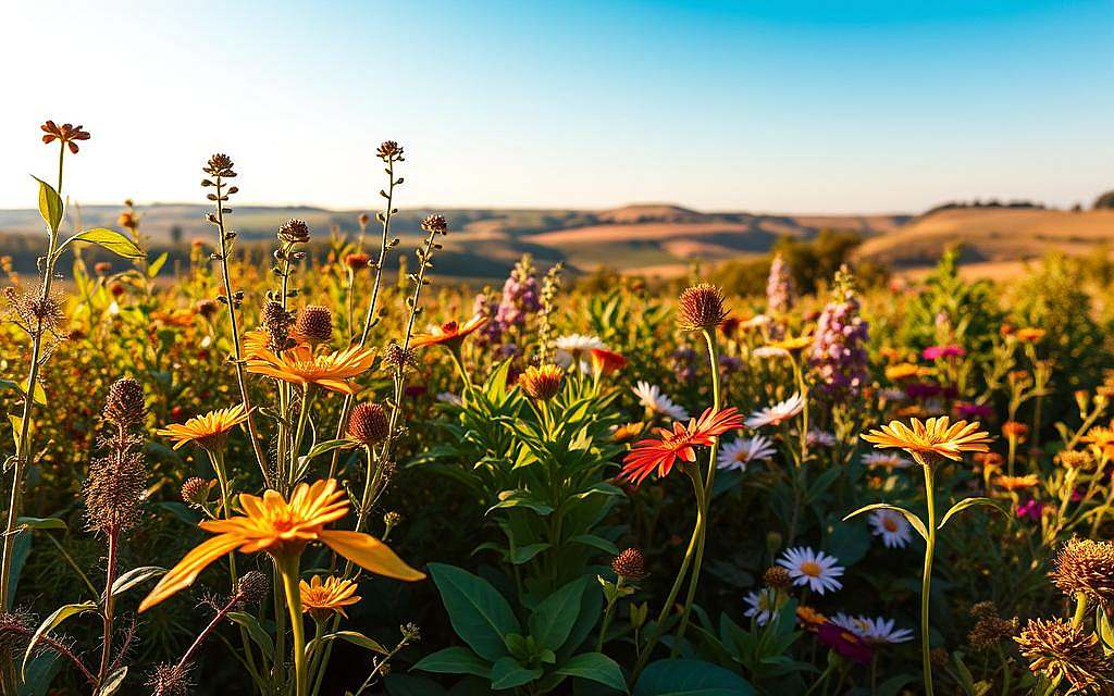 A lush, vibrant garden filled with an abundance of diverse medicinal plants, their leaves and petals glowing with radiant health. In the foreground, a cluster of fragrant herbs and flowers in warm earthy tones, their delicate petals and stems captured in crisp, high-resolution detail. The middle ground showcases a variety of leafy greens and vibrant blooms, each with its own unique shape and texture, all thriving under the warm, golden light of the sun. In the background, a serene, pastoral landscape unfolds, with rolling hills and a clear, azure sky overhead, creating a sense of tranquility and balance. The overall scene radiates a deep, holistic connection between the natural world and the health and wellbeing of the human body.