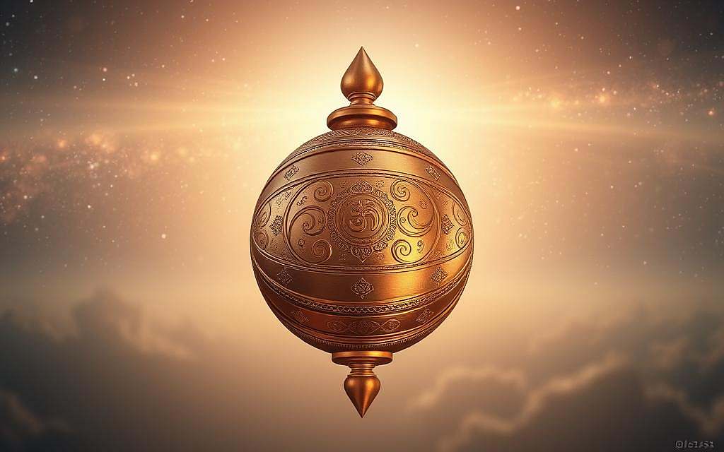 A majestic gada (mace) floating in a serene, cosmic landscape. The weapon's intricate metalwork glimmers with a golden sheen, adorned with subtle engravings that hint at its symbolic meaning. The gada's elegant, symmetrical shape casts a soft, diffused light, creating an aura of spiritual significance. In the background, a vast, starry sky unfolds, hinting at the gada's connection to the universal, transcendent nature of Vedanta philosophy. Soft, diffused lighting illuminates the scene, evoking a sense of inner reflection and contemplation. The overall composition conveys a harmonious balance between the material and the metaphysical, the physical and the spiritual.