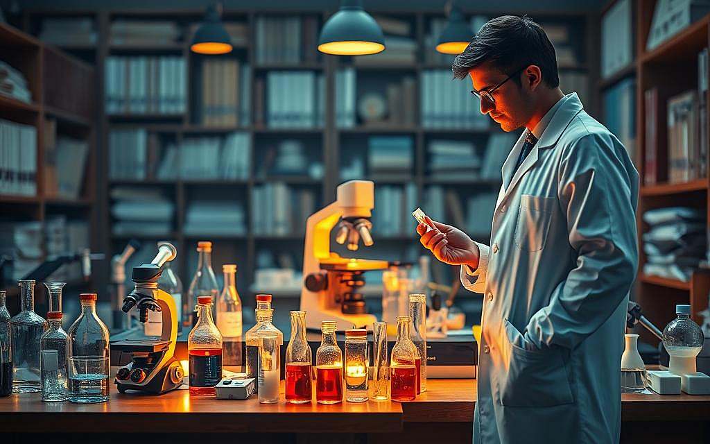 A meticulously crafted laboratory setup, featuring a central microscope surrounded by beakers, test tubes, and scientific instruments. The scene is bathed in a warm, inviting glow, conveying a sense of diligent research and discovery. In the foreground, a researcher in a pristine white lab coat stands, examining a sample intently. The background is filled with shelves of neatly organized reference materials and scientific journals, suggesting a comprehensive understanding of the subject matter. The overall atmosphere is one of focused intensity, reflecting the serious nature of the scientific studies on "Novosiden" and its efficacy.
