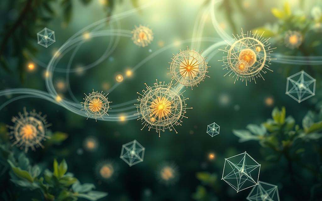 A meticulously detailed illustration of biological processes and their energetic foundations. A serene, naturalistic scene depicting the intricate dance of life at the microscopic level. Wisps of energy currents and luminous geometric patterns weave through a lush, verdant backdrop. Delicate, intricately rendered organic forms float in a state of dynamic equilibrium, their intricate structures glowing with an inner vitality. Soft, diffused lighting imbues the composition with a sense of tranquility and wonder, inviting the viewer to ponder the hidden mysteries of the natural world.