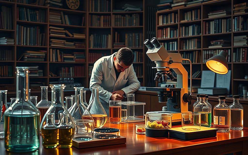 A meticulously detailed laboratory scene, illuminated by warm, focused lighting that casts dramatic shadows. In the foreground, an array of scientific instruments - glass beakers, Petri dishes, and a high-powered microscope - sit atop a polished, wooden workbench. Vials of colorful liquids and stained slides hint at the ongoing experiments. In the middle ground, a scientist in a pristine white lab coat leans over the microscope, intently studying the samples. The background is filled with towering bookshelves, housing volumes on microbiology, bacteriology, and the latest advancements in the field. An air of quiet concentration and discovery permeates the scene, capturing the essence of the revolutionary research being conducted in this groundbreaking era of modern medicine.