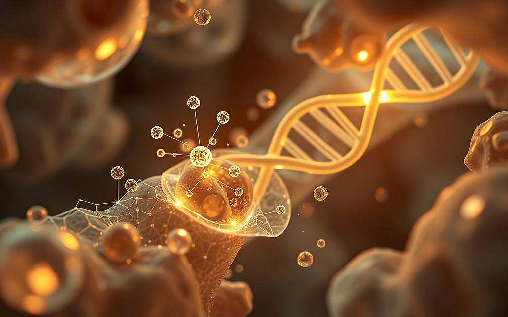 A microscopic view of human cells, revealing the intricate nanoscale structures within. Glowing nanoparticles navigate the cellular landscape, interacting with organelles and DNA strands. Soft, diffused lighting illuminates the scene, casting an ethereal glow. The composition emphasizes the delicate balance of technology and biology, hinting at the potential benefits and ethical concerns of nanomedicine. Attention to scientific accuracy is paramount, showcasing the cutting edge of nanotechnology research in a visually captivating manner.
