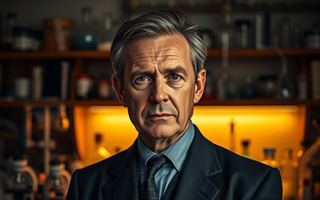 A middle-aged man with a serious expression, dressed in a dark suit and tie, standing in a dimly lit laboratory. The background features various scientific equipment, such as test tubes, microscopes, and laboratory glassware, creating an atmosphere of scientific inquiry and innovation. Soft, warm lighting illuminates the man's face, revealing his intense gaze and a sense of determination. The image conveys a sense of the man's pioneering spirit and his role as a trailblazer in the field of bacteriology, contributing to the advancements of modern medicine.