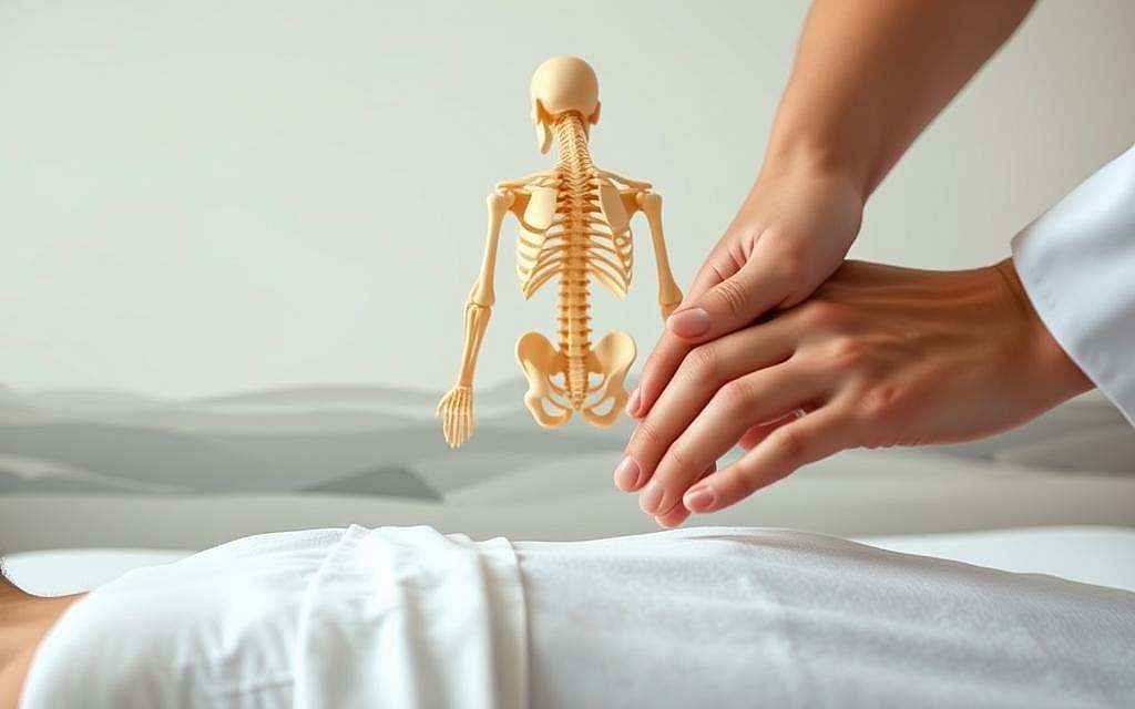 A minimalist and elegant composition depicting the latest advancements in osteopathic techniques. In the foreground, the hands of a skilled osteopath perform a gentle manipulation, their fingers gliding across the contours of the patient's spine. In the middle ground, a 3D anatomical model hovers, its transparent layers revealing the intricate interconnections of the musculoskeletal system. The background features a serene, abstract landscape in muted tones, evoking a sense of balance and holistic healing. The lighting is soft and diffused, creating a calming and therapeutic atmosphere. Captured with a wide-angle lens to emphasize the harmony between the practitioner, the patient, and the innovative tools of the osteopathic craft.