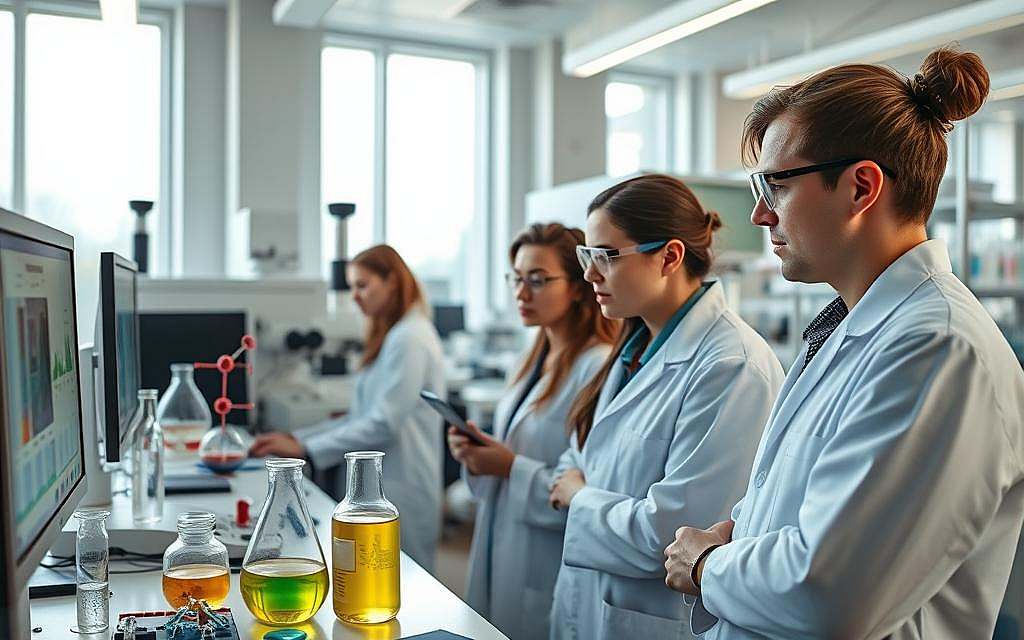 A modern laboratory setting with a well-equipped research facility. In the foreground, a team of scientists in white coats and safety goggles are intently studying molecular models and analyzing data on computer screens. The middle ground features state-of-the-art analytical equipment, including spectroscopy devices and glass beakers filled with colorful liquids. In the background, large windows provide natural light, illuminating the clean, pristine workspace. The overall atmosphere conveys a sense of scientific rigor, technological advancement, and the pursuit of groundbreaking discoveries. Soft, diffused lighting casts a warm, contemplative glow over the scene.