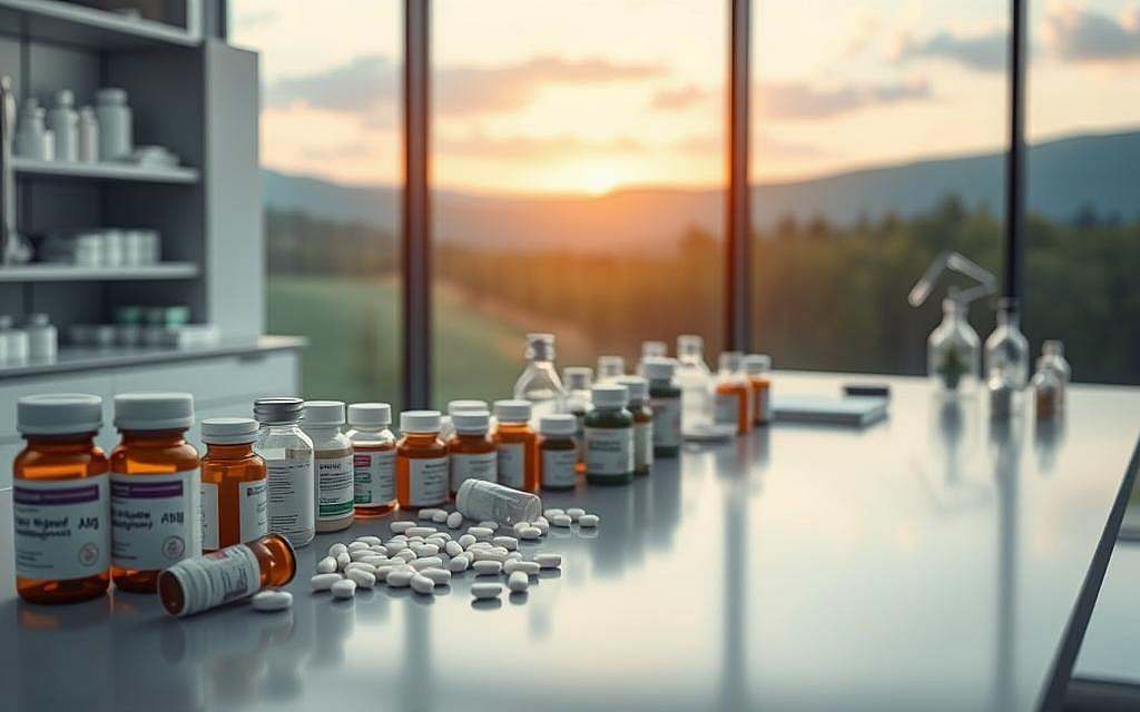 A modern medical laboratory setting with a variety of pharmaceutical bottles, pills, and medical equipment prominently displayed on a sleek, minimalist workbench. The lighting is warm and focused, casting a soft glow on the scene. In the background, a large window overlooks a serene, natural landscape, symbolizing the balance between medicinal treatment and holistic well-being. The composition emphasizes the importance of carefully prescribed medications in managing bipolar disorder, while also hinting at the role of a comprehensive therapeutic approach. The overall mood is one of professionalism, innovation, and a commitment to patient-centered care.