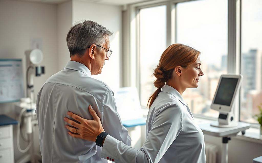 A modern medical office, filled with natural light. In the foreground, an osteopath examines a patient, their hands gently tracing the patient's spine. In the middle ground, medical equipment and charts suggest the integration of osteopathic techniques into conventional healthcare. The background features a window overlooking a cityscape, hinting at the evolving role of osteopathy within the broader medical landscape. The scene conveys a sense of holistic, patient-centered care, where traditional and contemporary approaches coexist in harmony.