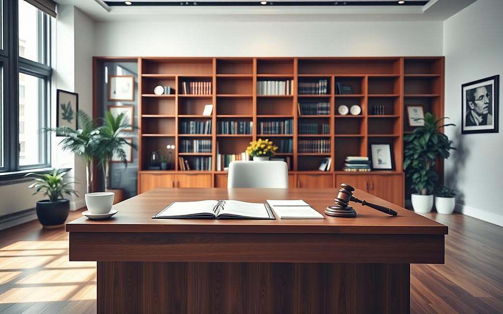 A modern, well-lit legal office interior with a large wooden desk, potted plants, and an oversized bookshelf in the background. On the desk, a laptop, legal documents, and a gavel sit neatly arranged. The walls are adorned with framed certificates and artwork, conveying a sense of professionalism and authority. Soft, directional lighting casts subtle shadows, creating depth and a contemplative atmosphere. The scene evokes a sense of thoughtful consideration of the legal framework surrounding Rick Simpson Oil (RSO) in Germany.