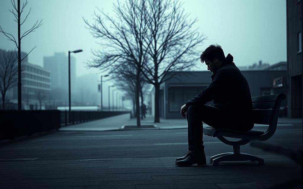 A moody, atmospheric scene depicting the psychological impacts of loneliness. In the foreground, a solitary figure sits hunched on a bench, their expression pensive and withdrawn. Muted colors and dim, diffused lighting create a somber, introspective mood. In the middle ground, a sense of emptiness and isolation is conveyed through sparse, minimalist urban elements - a few bare trees, a deserted sidewalk, and vacant storefronts. The background fades into a hazy, dreamlike cityscape, further emphasizing the individual's disconnection from their surroundings. Evoke a poignant, melancholic tone that captures the emotional and psychological weight of loneliness.