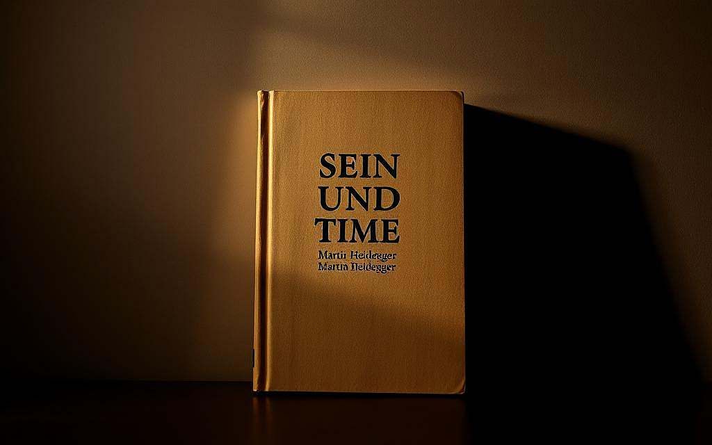A moody, contemplative image of Martin Heidegger's seminal work "Sein und Zeit" (Being and Time). Set against a dimly lit, sepia-toned background, the book's iconic cover is prominently displayed, with its stark, minimalist design casting dramatic shadows. The image is imbued with a sense of depth and texture, as if the viewer can almost feel the weight and substance of the tome. The lighting is intentional, casting a warm, pensive glow that evokes the philosophical gravity of Heidegger's groundbreaking exploration of the nature of being and the human condition. The overall composition is balanced, with the book occupying the central focus, framed by a subtle, contemplative atmosphere.