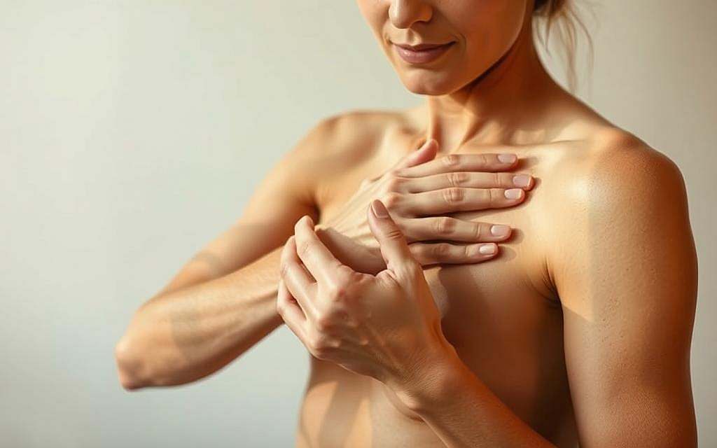 A naturally lit close-up photograph of a person's hands intricately massaging their own fascia, the connective tissue that permeates the body. The hands are gently kneading and manipulating the soft, flexible fascia, with a focused and deliberate expression on the person's face. The background is a minimalist, clean, and serene environment, allowing the viewer to concentrate on the self-care technique. Warm, natural tones and soft shadows enhance the calming, therapeutic atmosphere. The image conveys the simplicity and effectiveness of everyday self-treatment for improved fascia health and overall well-being.