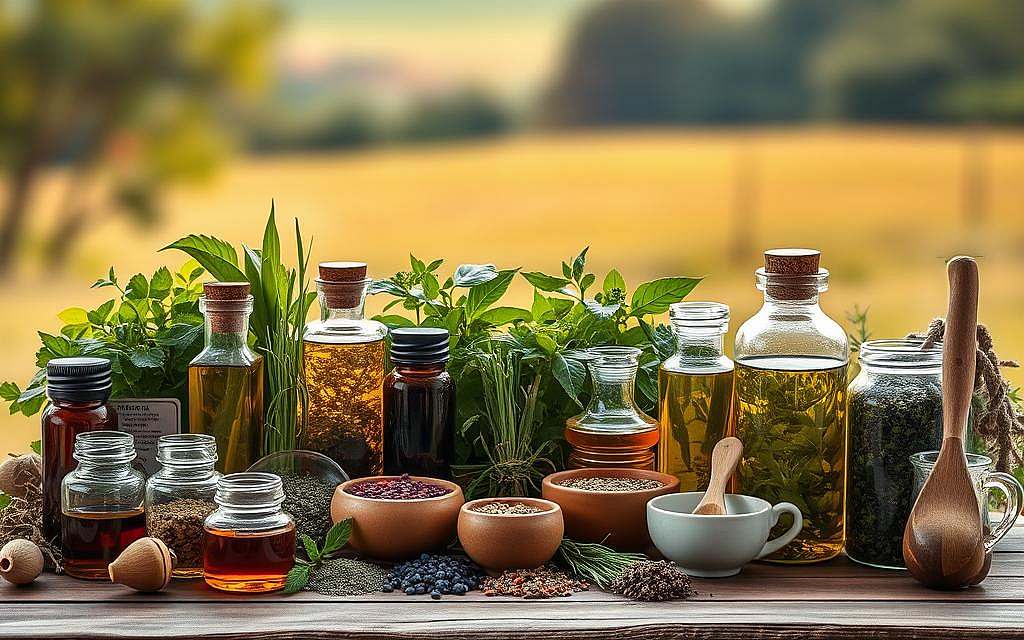A neatly arranged display of various herbal preparations, including tinctures, teas, and infused oils, set against a warm, natural backdrop. Gentle lighting illuminates the vibrant colors and textures of the plant materials, conveying a sense of care and expertise in their preparation. The foreground features a selection of glass bottles, ceramic vessels, and wooden utensils, carefully positioned to showcase the different forms of herbal remedies. The middle ground reveals lush, green foliage, hinting at the origins of these natural treatments. In the background, a soft, blurred landscape suggests a peaceful, rural setting, emphasizing the connection between the herbal preparations and the natural world. The overall composition exudes a sense of tranquility, inviting the viewer to explore the therapeutic potential of these carefully crafted Kräuterzubereitungen.