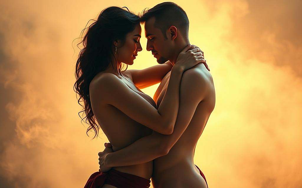 A pair of tantric lovers in deep union, their bodies intertwined in ecstatic embrace. Soft, diffused lighting casts a warm, mystical glow, accentuating the elegant curves and sensual contours of their forms. The background is a hazy, dreamlike realm, suggesting a transcendent, otherworldly plane. The lovers' faces are serene, yet infused with a palpable, rapturous energy, conveying the sublime experience of tantric union - a gateway to spiritual transcendence. The overall atmosphere is one of reverence, intimacy, and profound, transformative bliss.