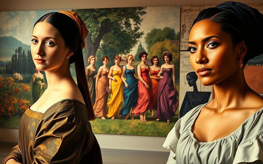 A panoramic scene depicting the historical evolution of women's representation across different eras. In the foreground, a classical portrait of a serene, elegantly dressed woman from the Renaissance period. In the middle ground, a group of Impressionist-style women in vibrant dresses, captured in a lively garden setting. Further back, a modernist painting of a bold, confident woman in an abstract, cubist-inspired composition. The lighting is warm and soft, creating a timeless, introspective atmosphere. The composition seamlessly blends these diverse artistic styles and female archetypes, inviting the viewer to contemplate the changing societal perceptions of womanhood throughout history.